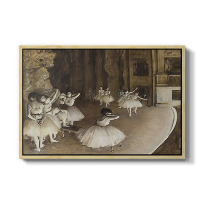 The Rehearsal of the Ballet Onstage, 1874 by Edgar Degas in a natural wood floater framed canvas wall art display.