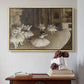 Natural wood floater framed canvas featuring The Rehearsal of the Ballet Onstage, 1874 by Edgar Degas above an entryway table in a minimalist foyer.
