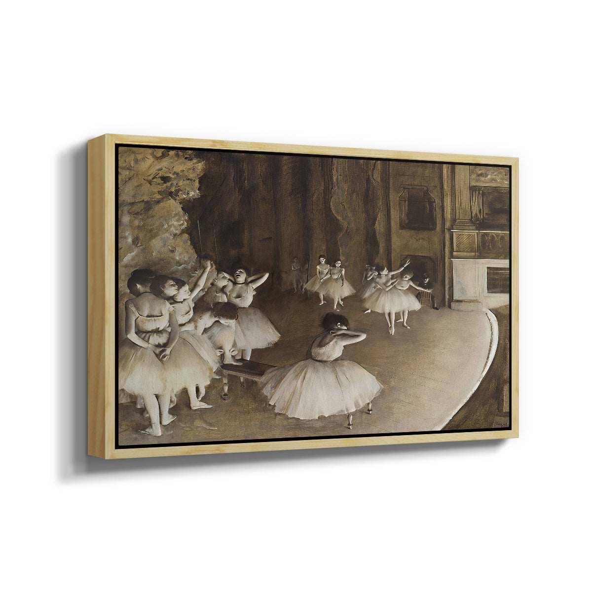Angled view of The Rehearsal of the Ballet Onstage, 1874 by Edgar Degas in a natural wood floater framed canvas.
