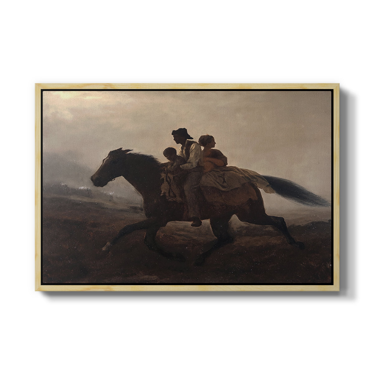 A Ride for Liberty – The Fugitive Slaves, c. 1862 by Eastman Johnson in a natural wood floater framed canvas wall art display.