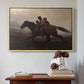 Natural wood floater framed canvas featuring A Ride for Liberty – The Fugitive Slaves, c. 1862 by Eastman Johnson above an entryway table in a minimalist foyer.