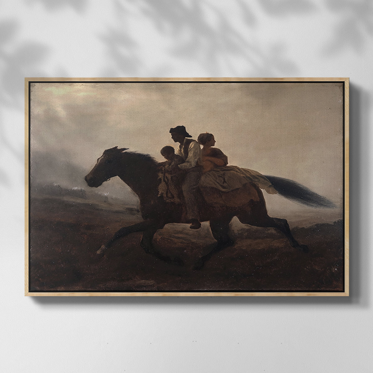 Front view of A Ride for Liberty – The Fugitive Slaves, c. 1862 by Eastman Johnson in a natural wood floater framed canvas.