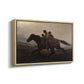 Angled view of A Ride for Liberty – The Fugitive Slaves, c. 1862 by Eastman Johnson in a natural wood floater framed canvas.