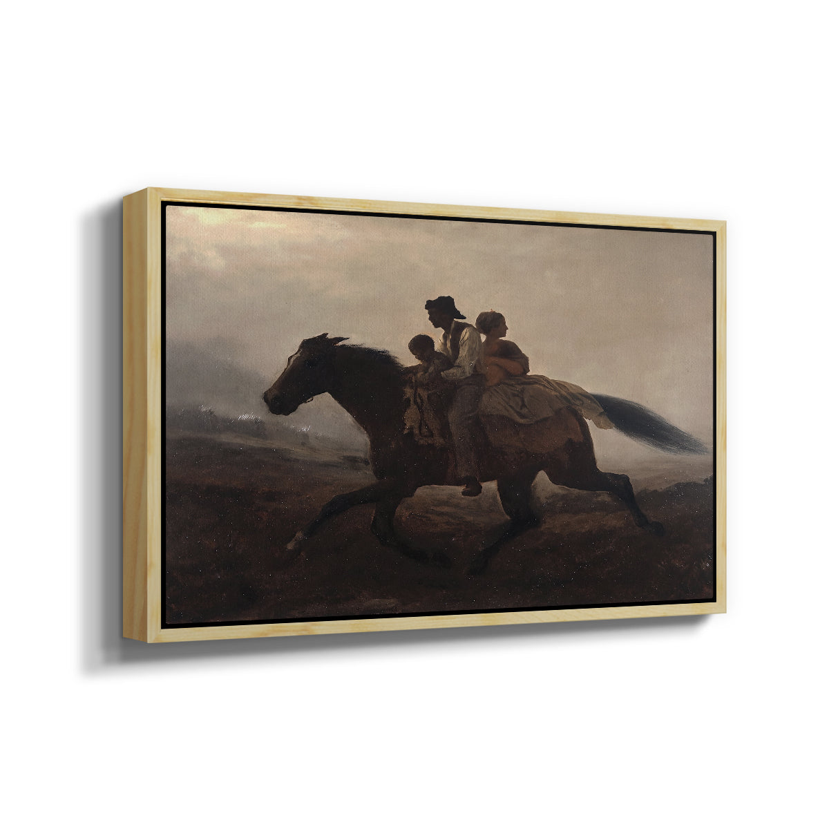 Angled view of A Ride for Liberty – The Fugitive Slaves, c. 1862 by Eastman Johnson in a natural wood floater framed canvas.