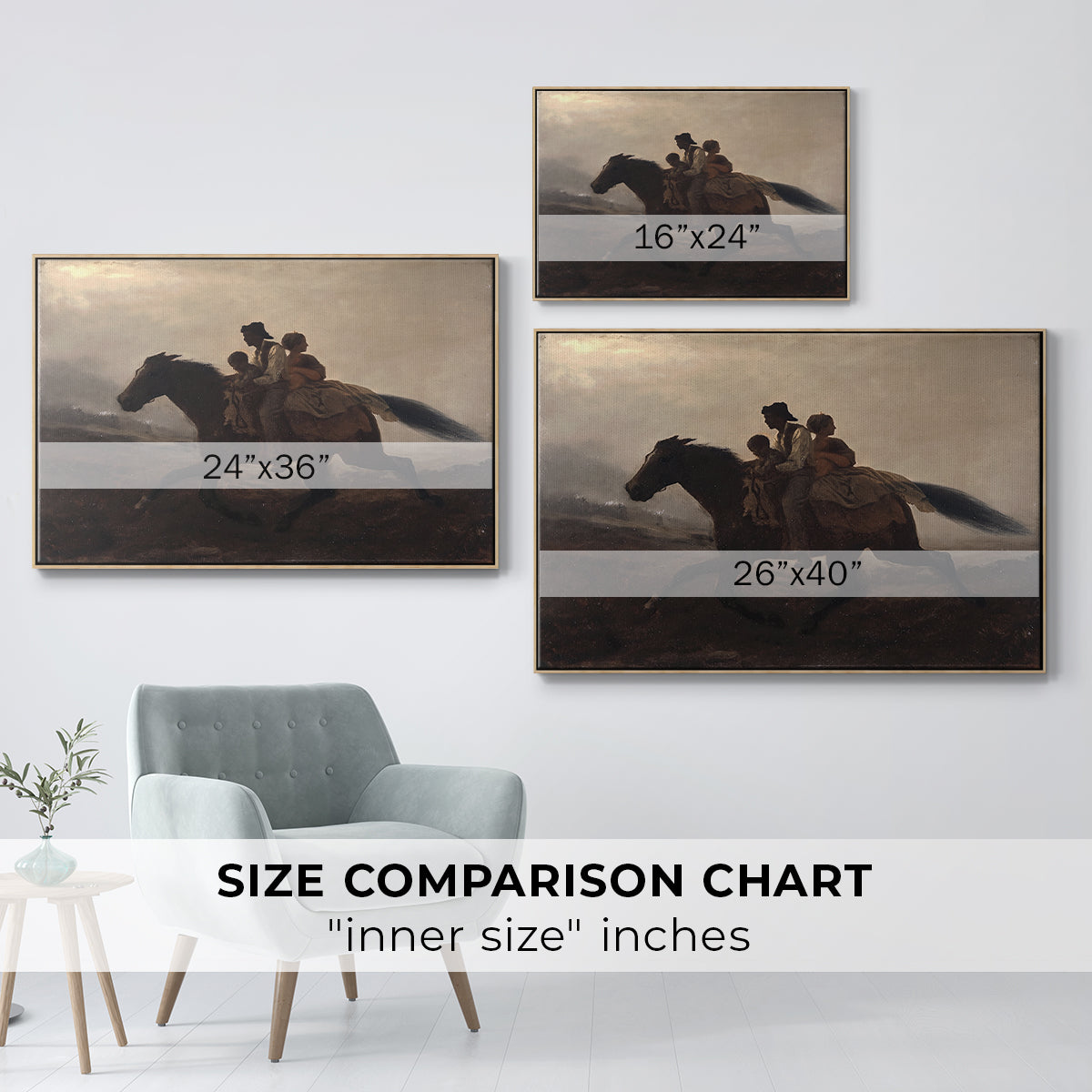 Size comparison chart for natural wood floater framed canvas featuring A Ride for Liberty – The Fugitive Slaves, c. 1862 by Eastman Johnson.