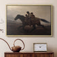 Natural wood floater framed canvas featuring a narrative painting of escape and urgency across rugged terrain, displayed above a cabinet in a soft-toned living room.