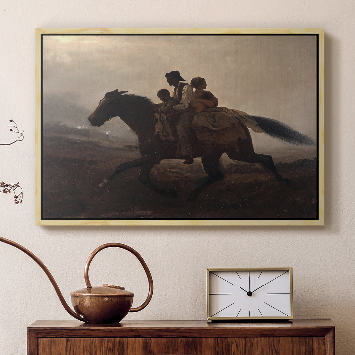 Natural wood floater framed canvas featuring a narrative painting of escape and urgency across rugged terrain, displayed above a cabinet in a soft-toned living room.