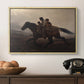 A Ride for Liberty – The Fugitive Slaves, c. 1862 by Eastman Johnson in a natural wood floater framed canvas displayed above a console table in a hallway, featuring figures on horse moving swiftly through shadowy landscape.