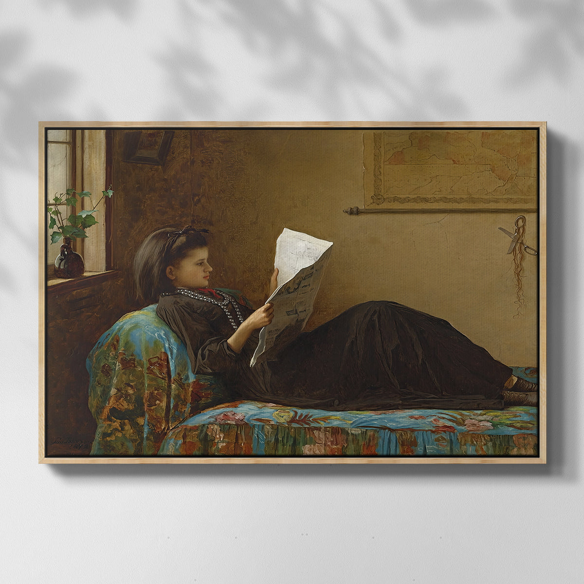 Front view of Interesting News, 1872 by Eastman Johnson in a natural wood floater framed canvas.