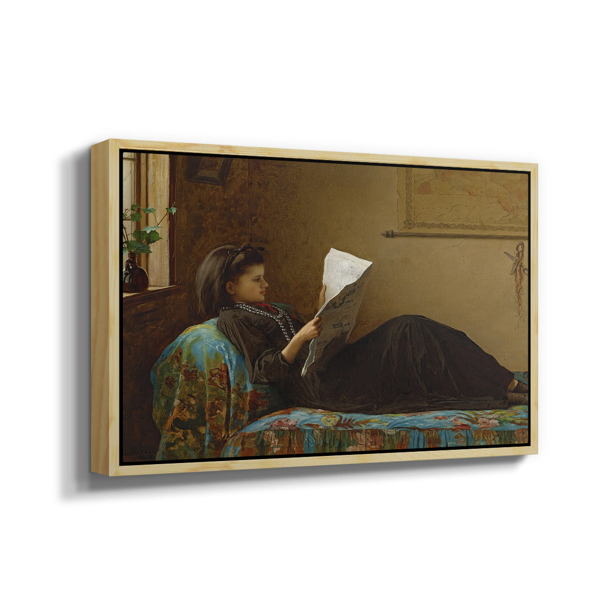 Angled view of Interesting News, 1872 by Eastman Johnson in a natural wood floater framed canvas.