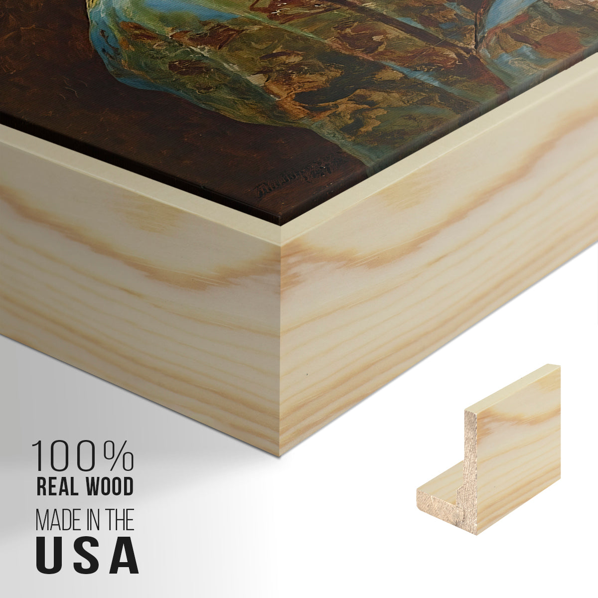 Close-up of the natural wood floater frame corner and gallery wrapped canvas construction.