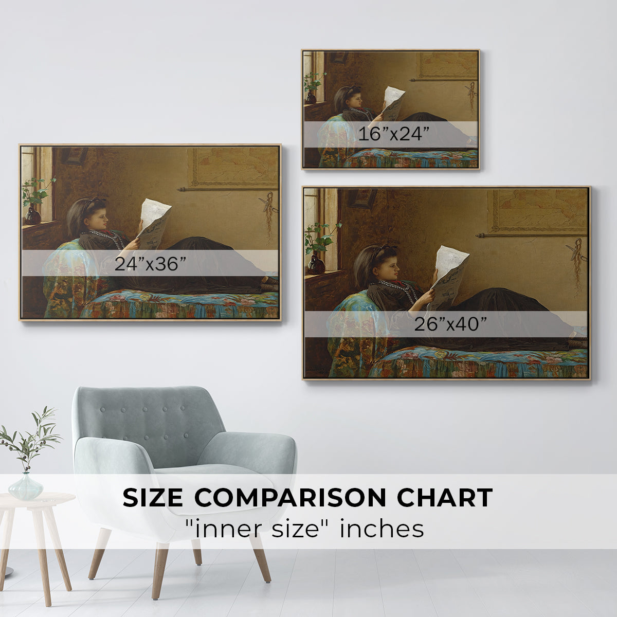 Size comparison chart for natural wood floater framed canvas featuring Interesting News, 1872 by Eastman Johnson.