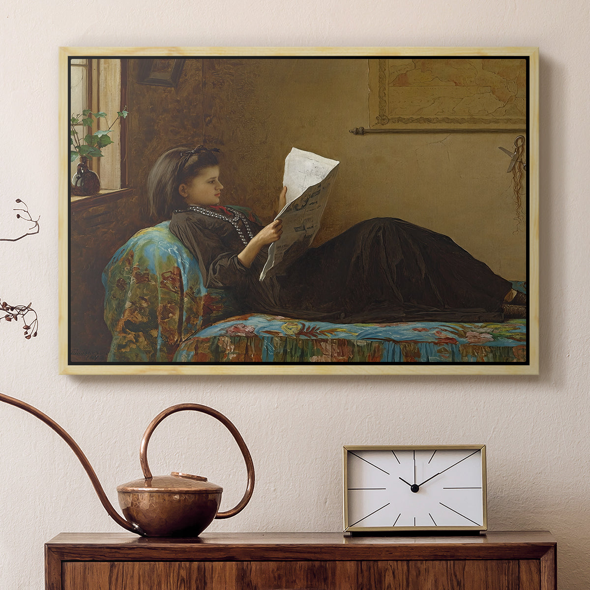 Natural wood floater framed canvas featuring an Americana interior with people focused on printed page, displayed above a cabinet in a soft-toned living room.