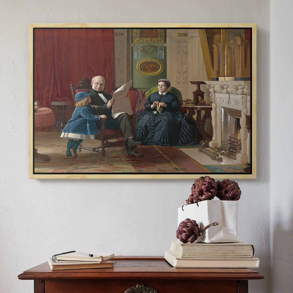 Natural wood floater framed canvas featuring The Brown Family, 1869 by Eastman Johnson above an entryway table in a minimalist foyer.