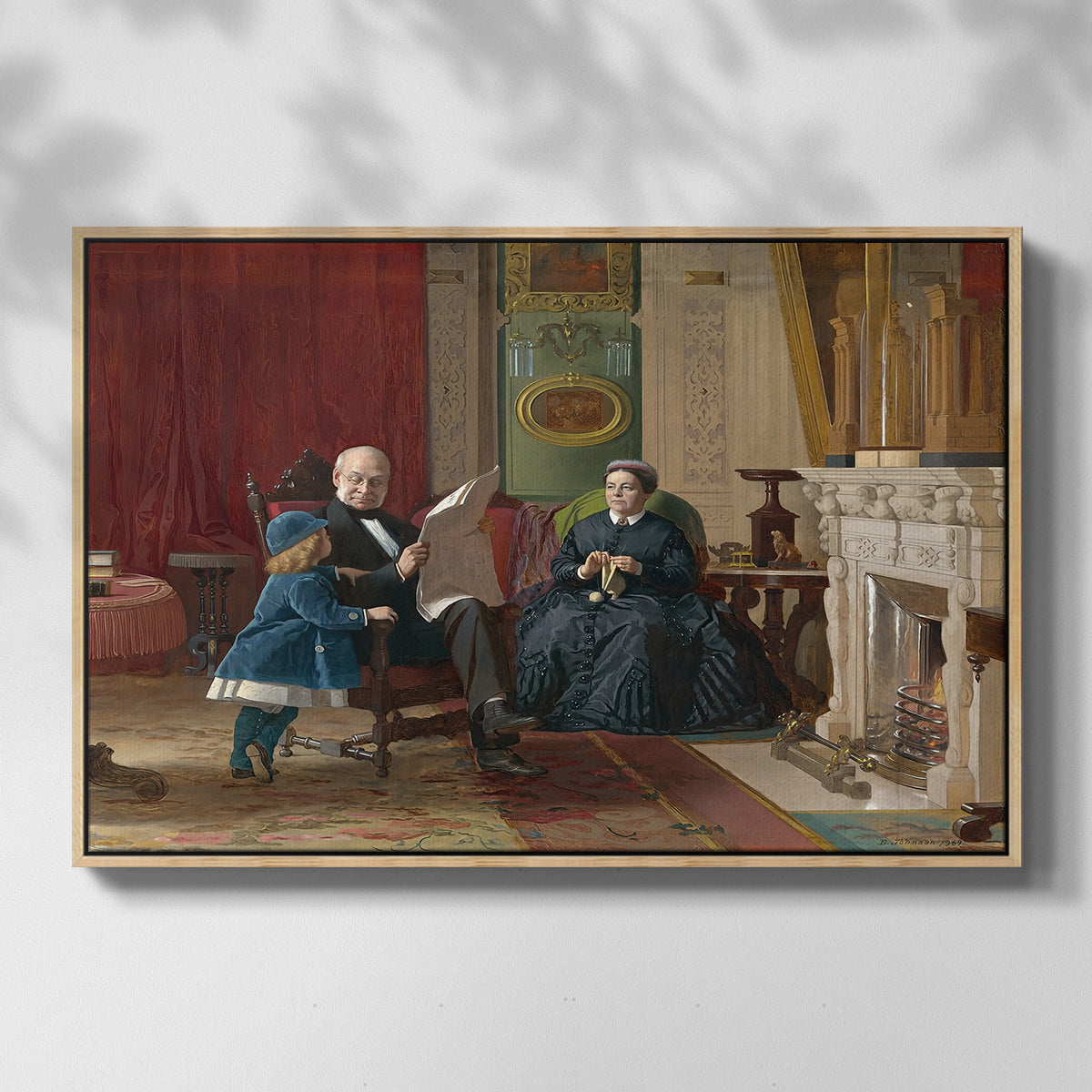 Front view of The Brown Family, 1869 by Eastman Johnson in a natural wood floater framed canvas.