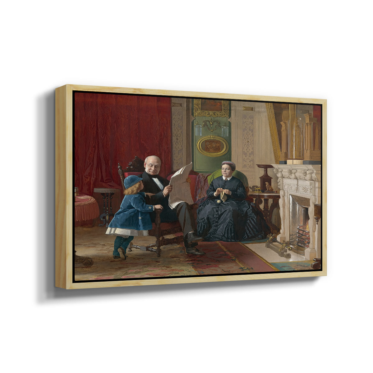 Angled view of The Brown Family, 1869 by Eastman Johnson in a natural wood floater framed canvas.
