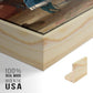 Close-up of the natural wood floater frame corner and gallery wrapped canvas construction.