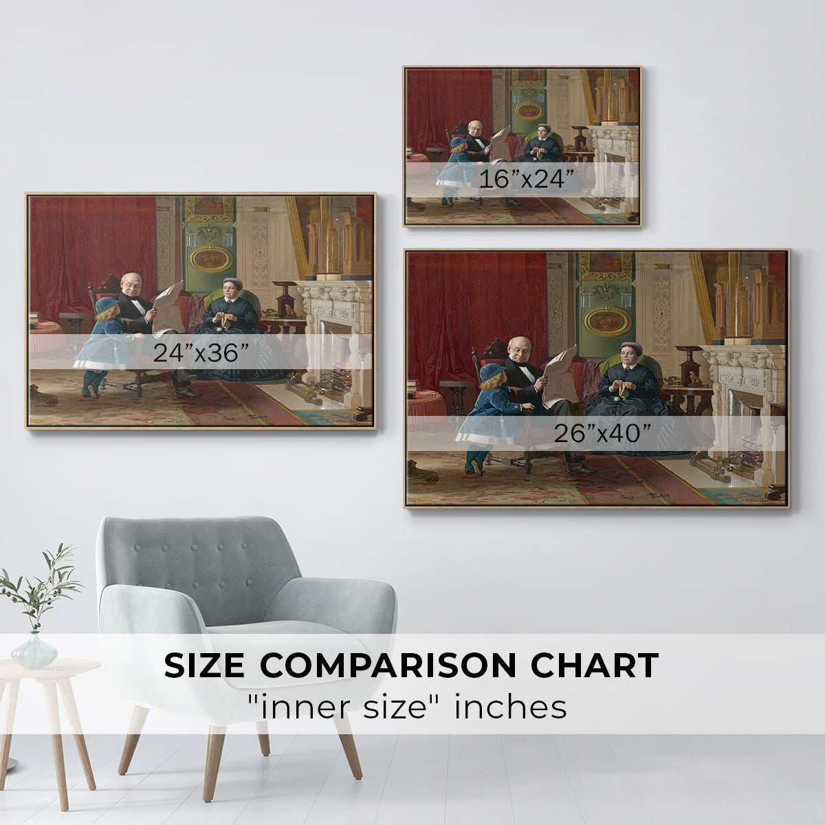 Size comparison chart for natural wood floater framed canvas featuring The Brown Family, 1869 by Eastman Johnson.
