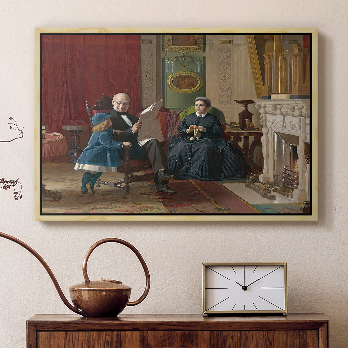 Natural wood floater framed canvas featuring an Americana scene with figures sitting and interacting indoors, displayed above a cabinet in a soft-toned living room.