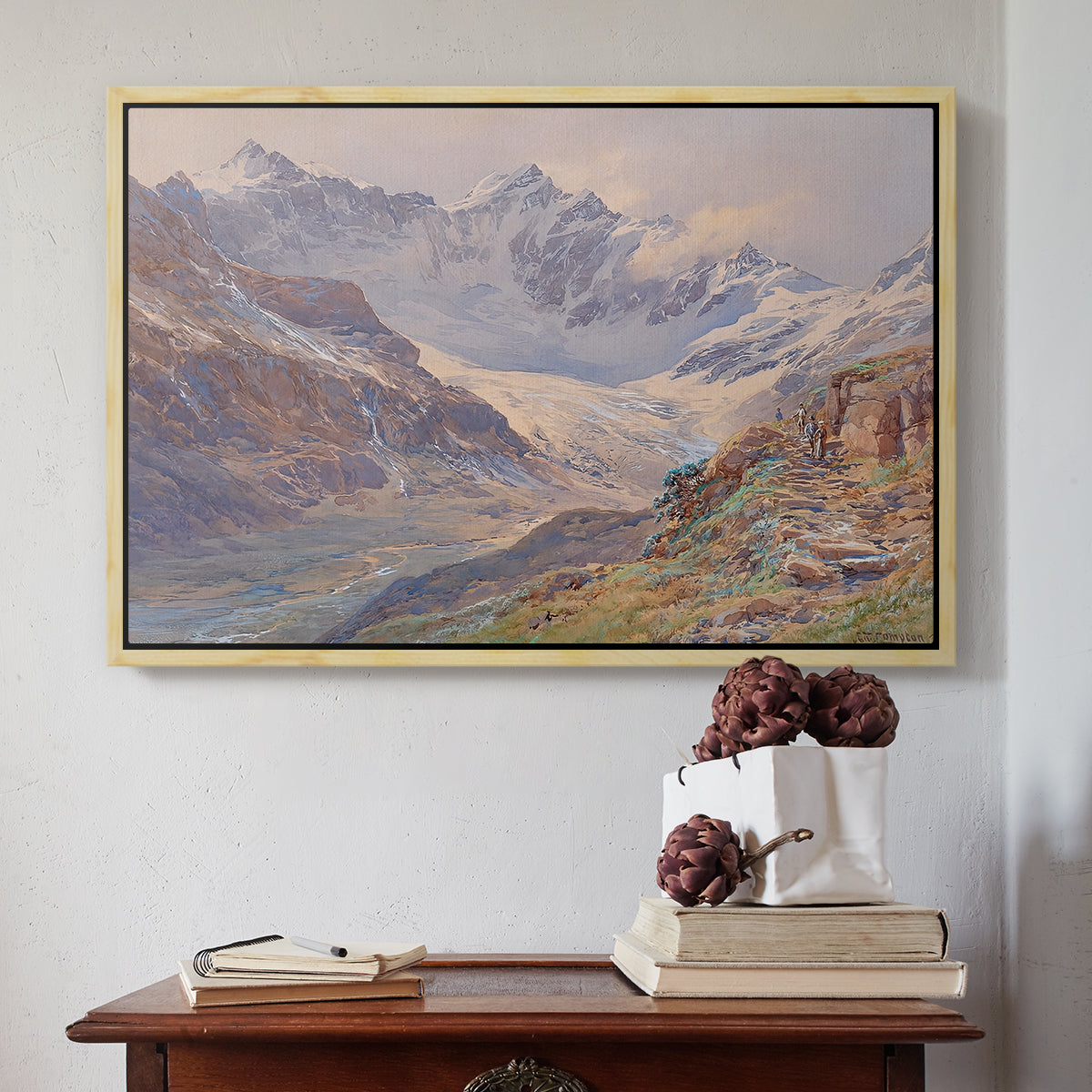 Natural wood floater framed canvas featuring Odenwinklkees with the Johannisberg, 1902 by Edward Theodore Compton above an entryway table in a minimalist foyer.