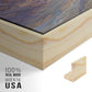 Close-up of the natural wood floater frame corner and gallery wrapped canvas construction.