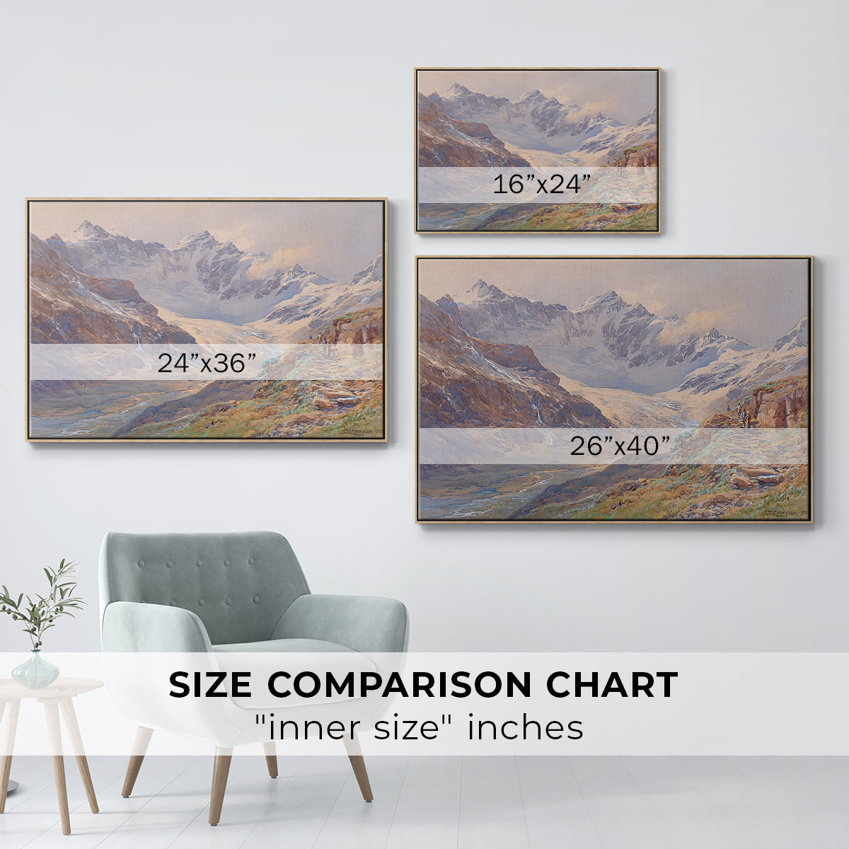 Size comparison chart for natural wood floater framed canvas featuring Odenwinklkees with the Johannisberg, 1902 by Edward Theodore Compton.