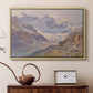 Natural wood floater framed canvas featuring a realistic depiction of high-altitude snowy peaks, displayed above a cabinet in a soft-toned living room.
