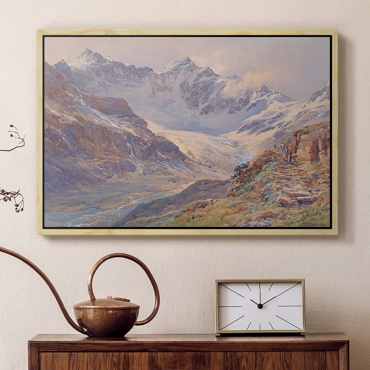 Natural wood floater framed canvas featuring a realistic depiction of high-altitude snowy peaks, displayed above a cabinet in a soft-toned living room.