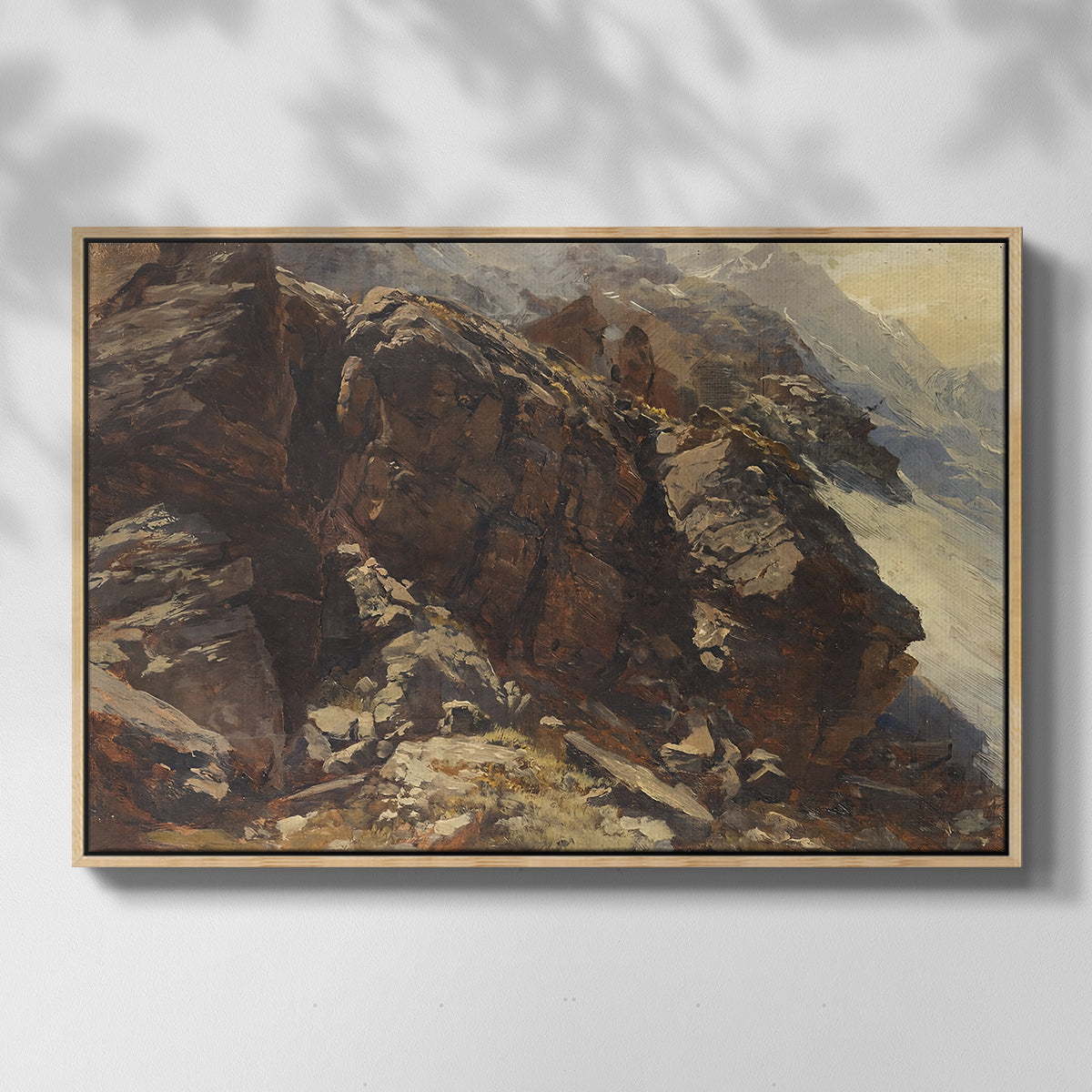 Front view of High Mountain Study, c. 1870 by Edward Theodore Compton in a natural wood floater framed canvas.