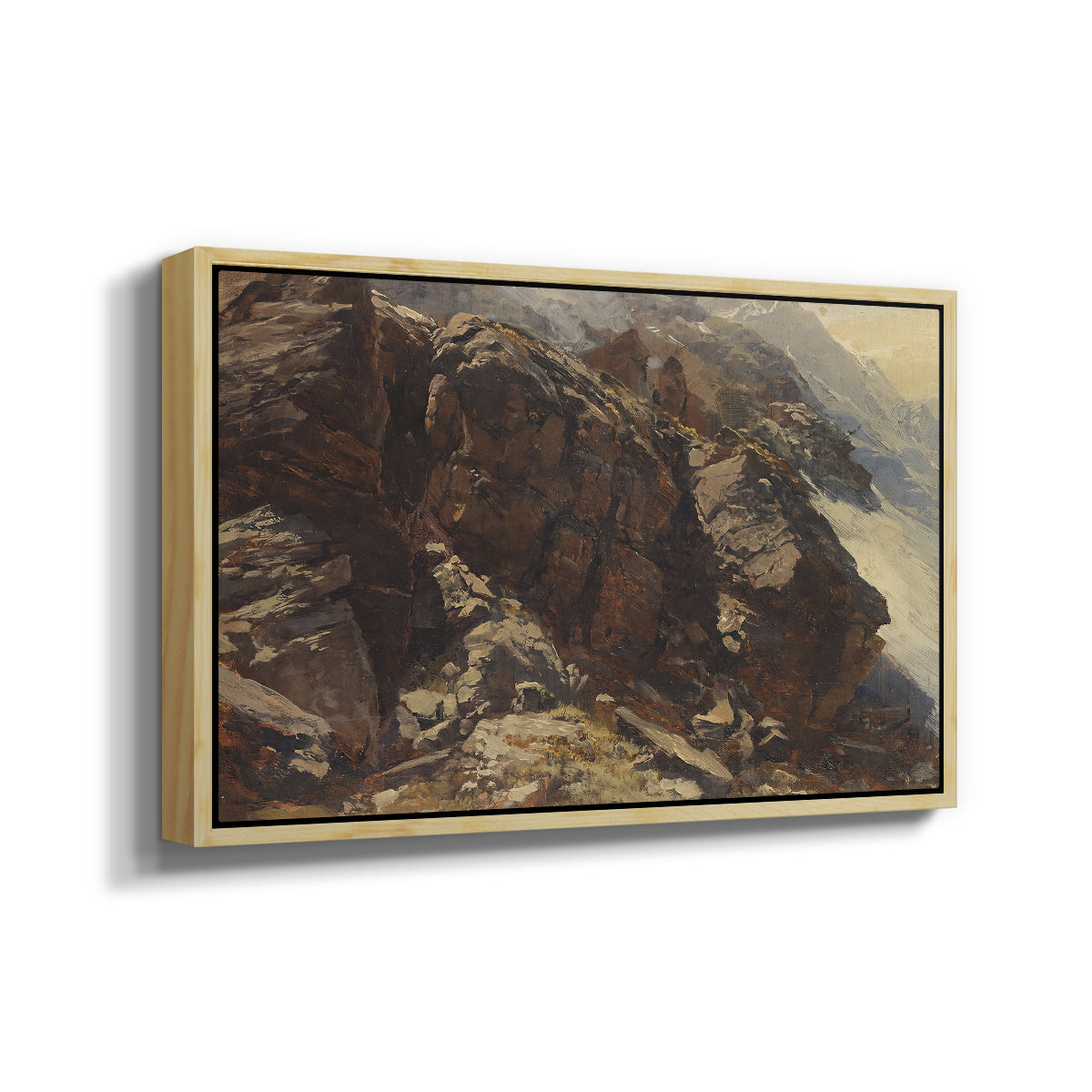 Angled view of High Mountain Study, c. 1870 by Edward Theodore Compton in a natural wood floater framed canvas.