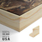 Close-up of the natural wood floater frame corner and gallery wrapped canvas construction.