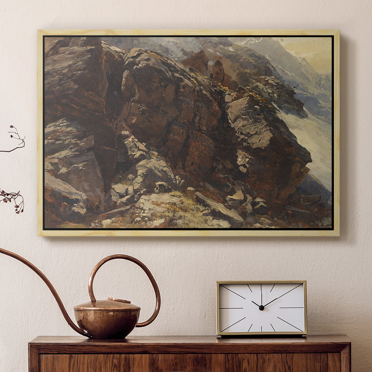 Natural wood floater framed canvas featuring a high-altitude scene with rocky formations and sparse vegetation, displayed above a cabinet in a soft-toned living room.