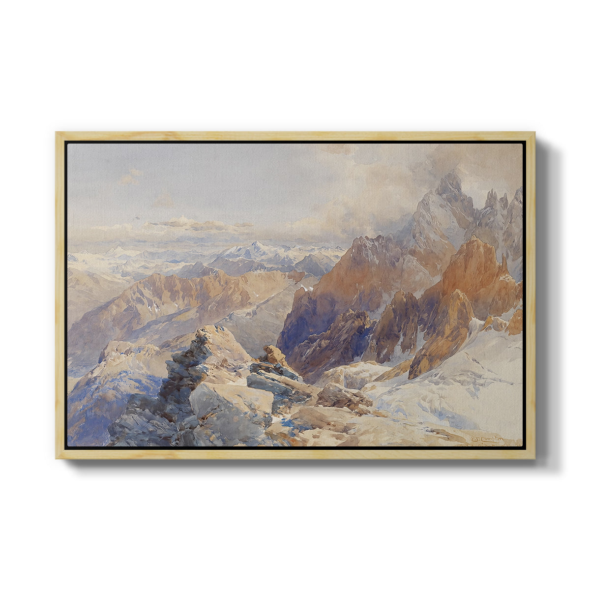 Col du Géant, 1903 by Edward Theodore Compton in a natural wood floater framed canvas wall art display.