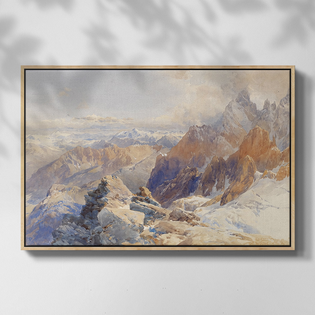 Front view of Col du Géant, 1903 by Edward Theodore Compton in a natural wood floater framed canvas.