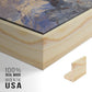 Close-up of the natural wood floater frame corner and gallery wrapped canvas construction.