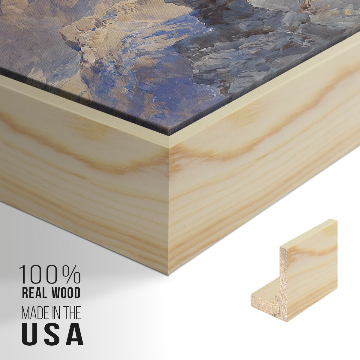 Close-up of the natural wood floater frame corner and gallery wrapped canvas construction.