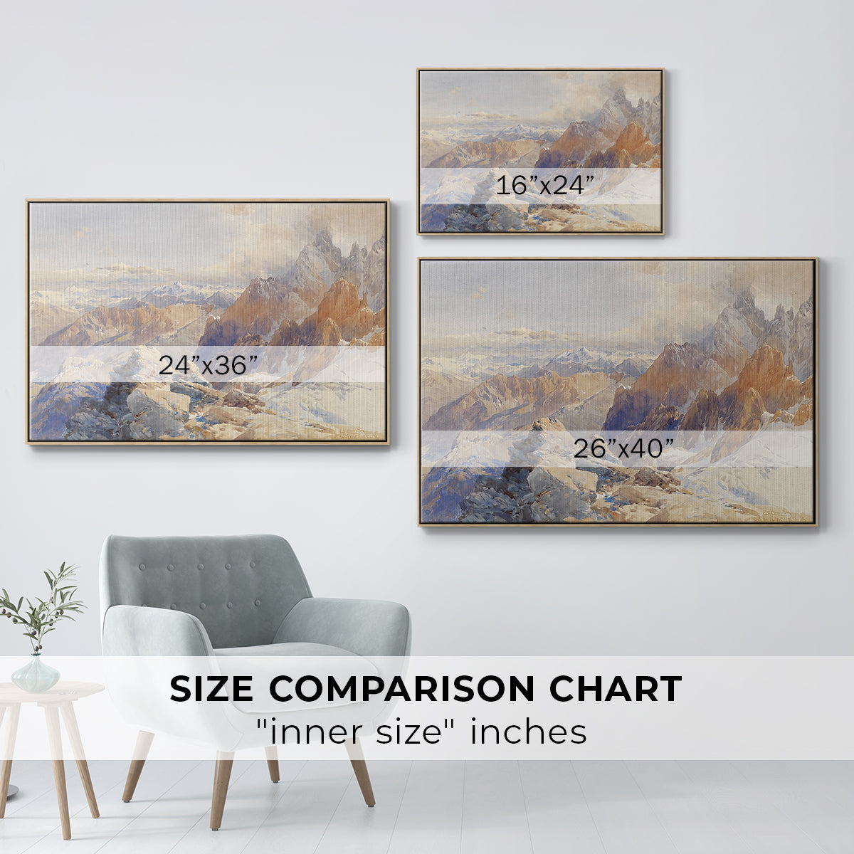 Size comparison chart for natural wood floater framed canvas featuring Col du Géant, 1903 by Edward Theodore Compton.
