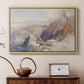 Natural wood floater framed canvas featuring a panoramic alpine view with snow and rocky cliffs, displayed above a cabinet in a soft-toned living room.