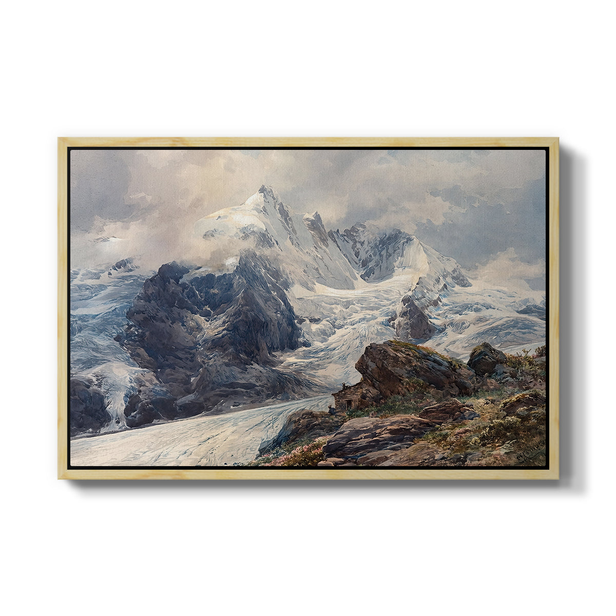 The Grossglockner, 1880 by Edward Theodore Compton in a natural wood floater framed canvas wall art display.