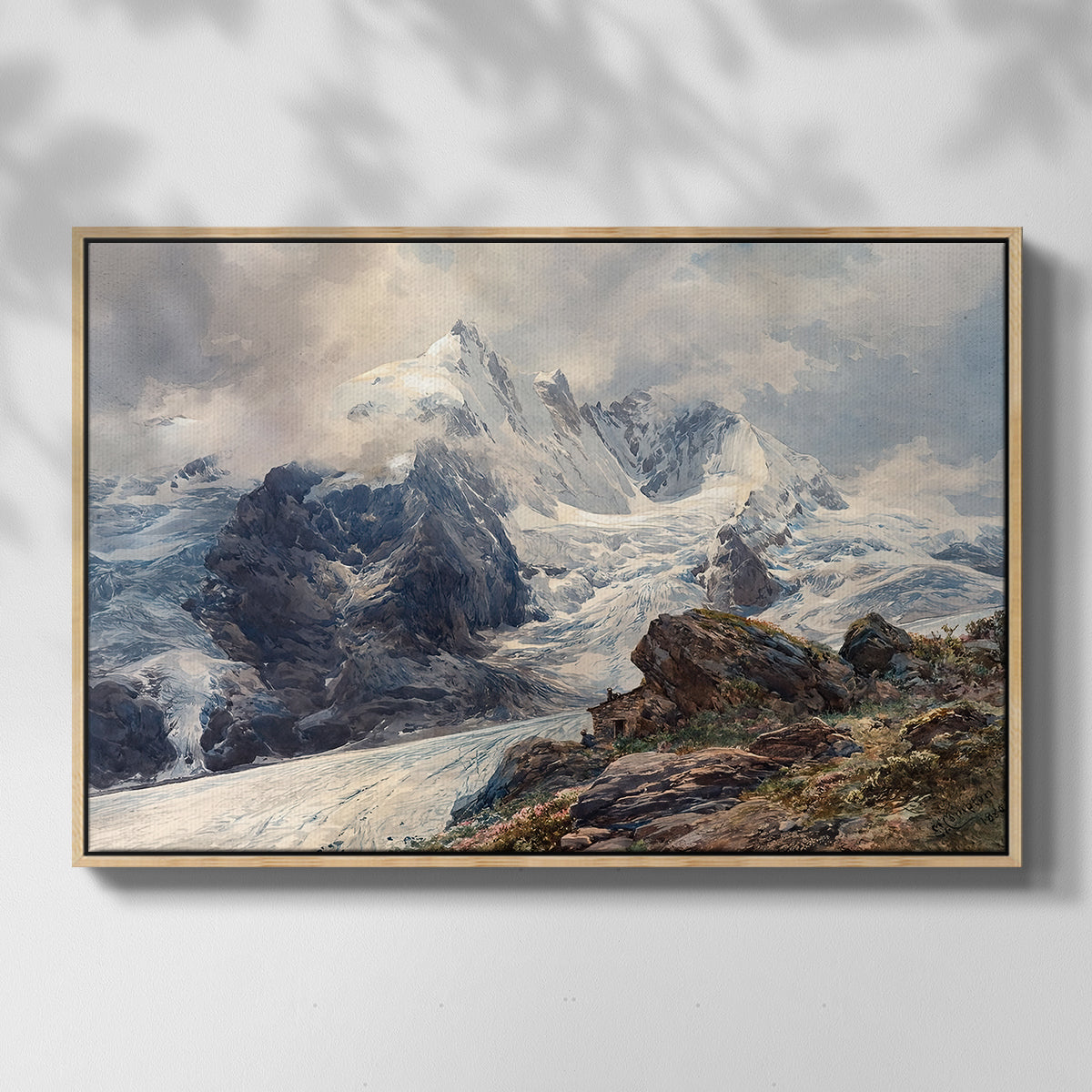 Front view of The Grossglockner, 1880 by Edward Theodore Compton in a natural wood floater framed canvas.