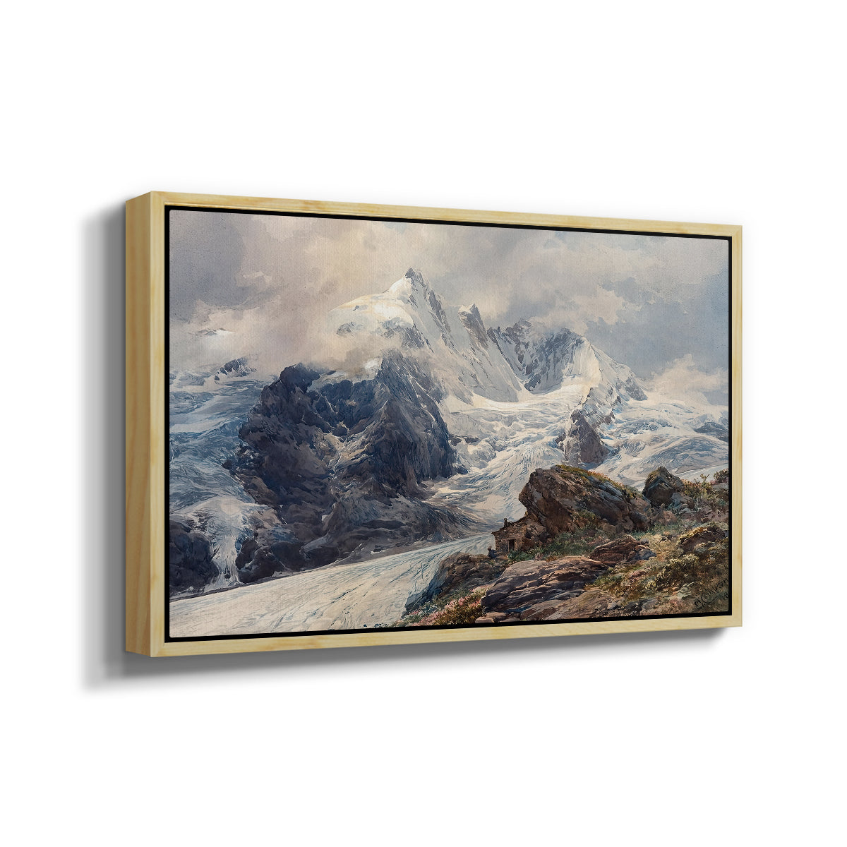 Angled view of The Grossglockner, 1880 by Edward Theodore Compton in a natural wood floater framed canvas.