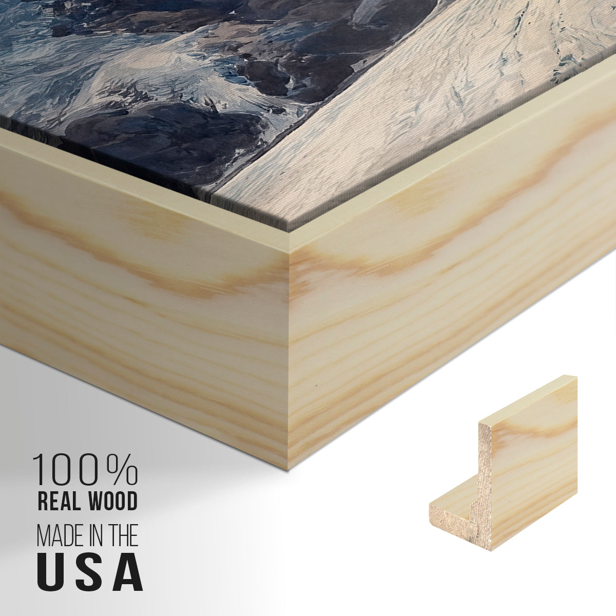 Close-up of the natural wood floater frame corner and gallery wrapped canvas construction.