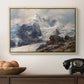 The Grossglockner, 1880 by Edward Theodore Compton in a natural wood floater framed canvas displayed above a console table in a hallway, featuring an alpine peak dominating surrounding terrain.