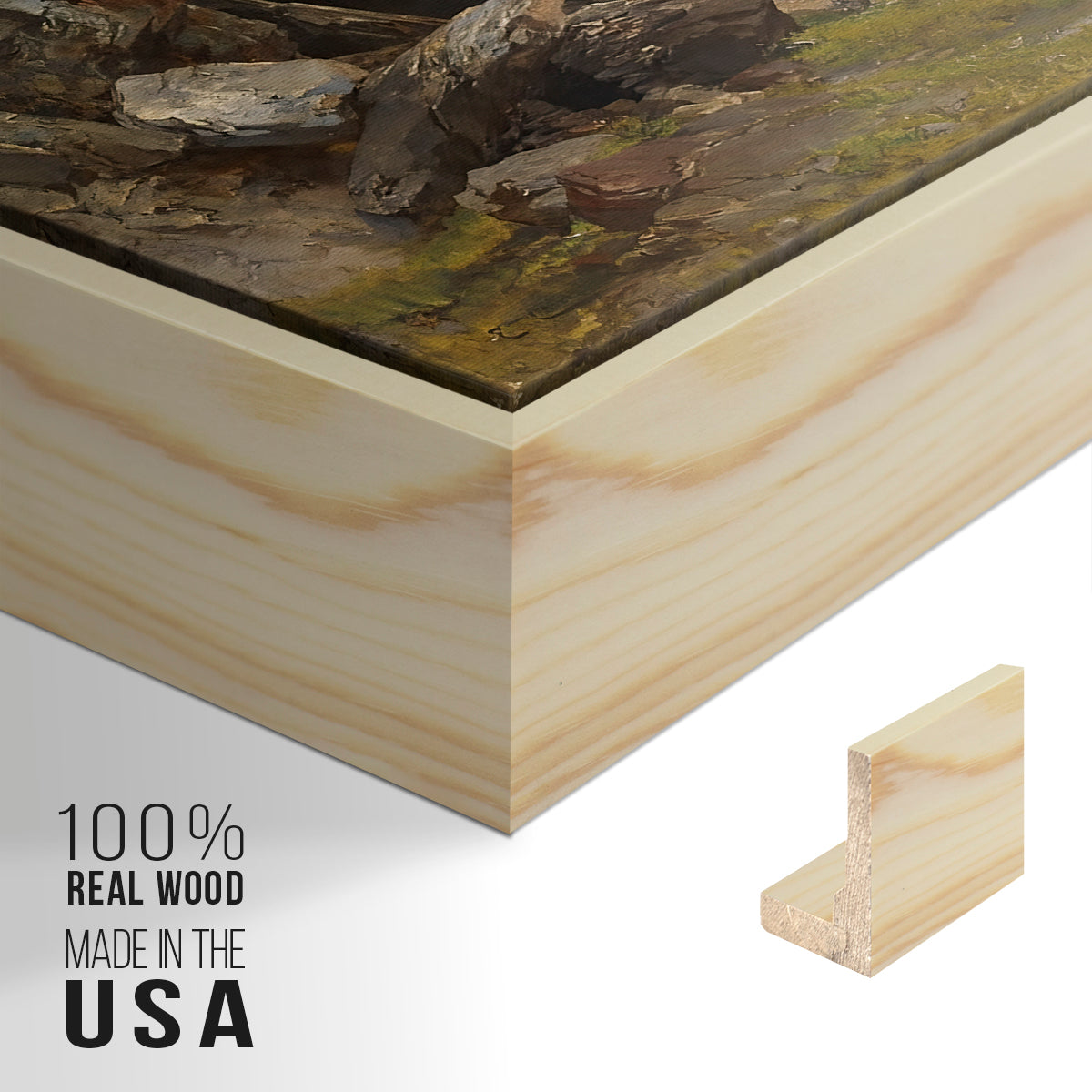 Close-up of the natural wood floater frame corner and gallery wrapped canvas construction.