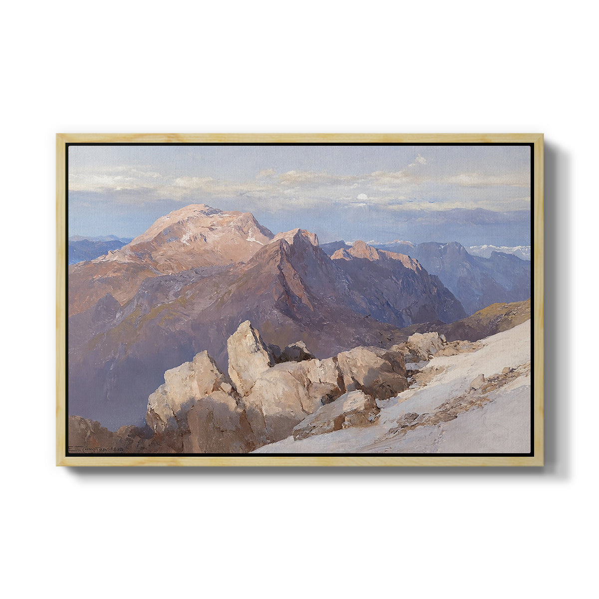 Hoher Göll from Watzmann-Hocheck, 1919 by Edward Theodore Compton in a natural wood floater framed canvas wall art display.