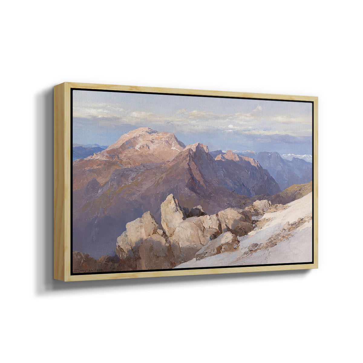 Angled view of Hoher Göll from Watzmann-Hocheck, 1919 by Edward Theodore Compton in a natural wood floater framed canvas.