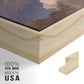 Close-up of the natural wood floater frame corner and gallery wrapped canvas construction.