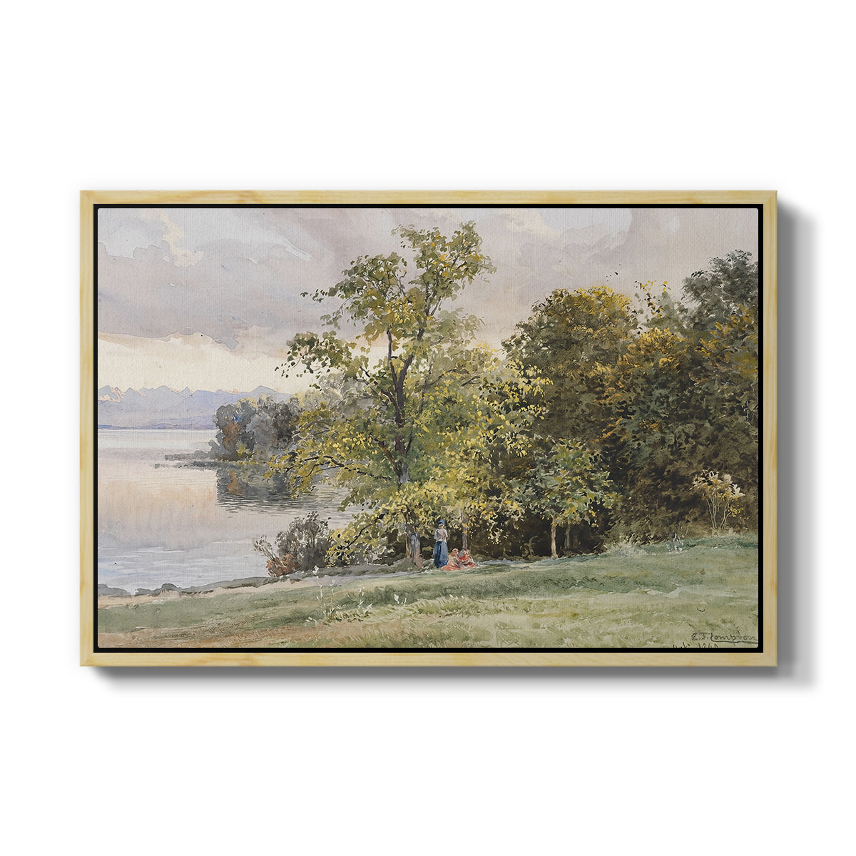 Landscape at Lake Starnberg, 1890 by Edward Theodore Compton in a natural wood floater framed canvas wall art display.