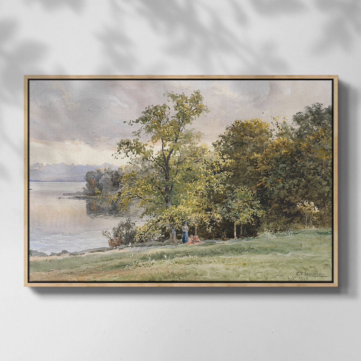 Front view of Landscape at Lake Starnberg, 1890 by Edward Theodore Compton in a natural wood floater framed canvas.