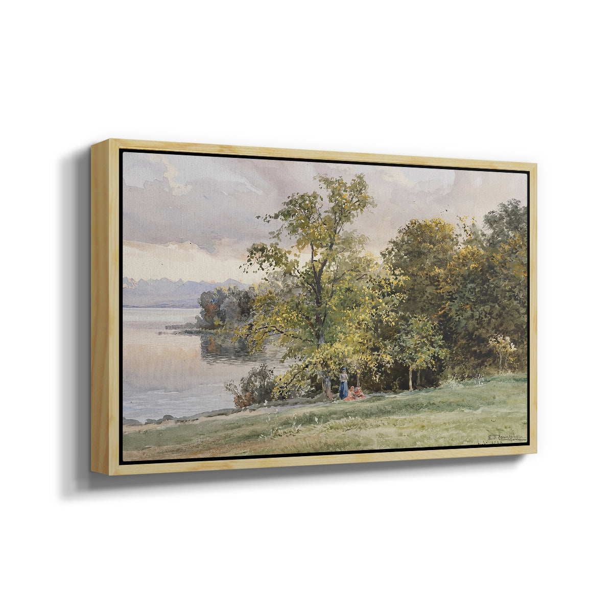 Angled view of Landscape at Lake Starnberg, 1890 by Edward Theodore Compton in a natural wood floater framed canvas.